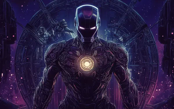 A striking HD wallpaper featuring Iron Man, showcasing his iconic armor with a glowing arc reactor against a cosmic background, enhanced by detailed comic-style art.