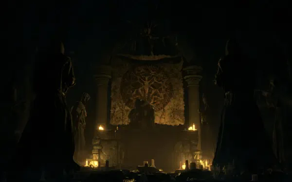 Dark, atmospheric 4K Ultra HD PC wallpaper from Resident Evil 4 (2023), showcasing a sinister chamber with eerie statues and dim candlelight from the video game.