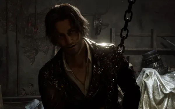 A character from Resident Evil 4 (2023) depicted in a dark, eerie setting, showcasing the intense atmosphere of this 4K Ultra HD video game wallpaper.