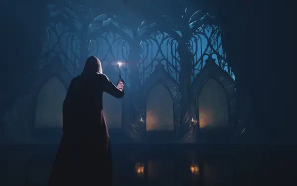 A mysterious figure casts a spell in a dark, enchanted room adorned with intricate architecture, capturing the magical essence of Hogwarts Legacy in stunning 4K Ultra HD.