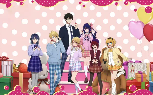 Anime characters from Oshi no Ko pose in vibrant outfits against a pink polka-dot backdrop with heart-shaped balloons, presented in 8K Ultra HD for PC desktop wallpaper.