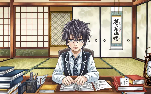 A young student with glasses sits at a desk filled with books, studying in a traditional room. This 4K Ultra HD wallpaper captures a serene academic atmosphere.