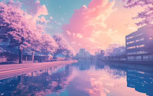 A serene anime city scene featuring pastel colors, cherry blossom trees, and a calm river reflecting the vibrant sky, presented as a 4K Ultra HD desktop wallpaper.