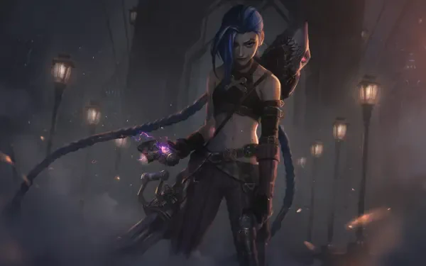 Jinx from *Arcane* stands confidently in a dark, misty setting, holding a weapon, showcasing the intense atmosphere of *Arcane* Season 2 in stunning 8K Ultra HD.