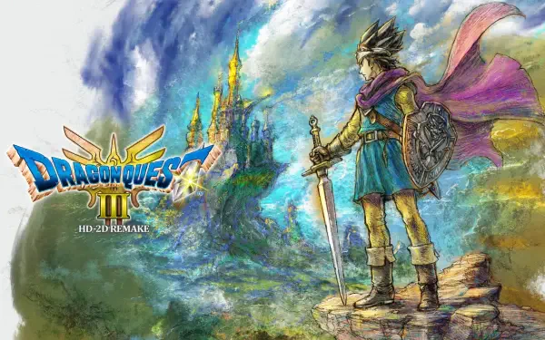 A vibrant HD desktop wallpaper featuring artwork from Dragon Quest III HD-2D Remake, showcasing a hero standing confidently with sword and shield against a fantastical landscape.