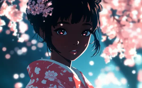 A striking 4K Ultra HD anime wallpaper featuring a black anime girl in a floral kimono, surrounded by cherry blossoms. The scene exudes a serene and enchanting atmosphere.