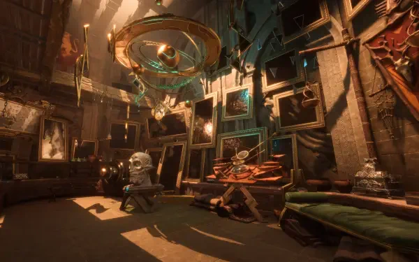 A vibrant HD wallpaper from the video game Dragon Age: The Veilguard, showcasing a detailed interior with unique artifacts and framed images, creating an immersive atmosphere.