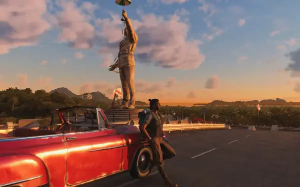 A stunning 4K Ultra HD wallpaper from Far Cry 6, featuring a character beside a red car and a statue against a vibrant sunset sky, capturing the essence of the game’s rich visuals.