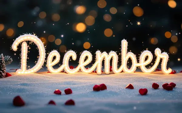 A glowing December stands out against a snowy background, surrounded by scattered rose petals and shimmering bokeh lights, creating a festive winter atmosphere in 4K Ultra HD.