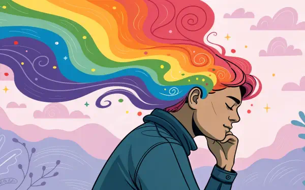 A thoughtful person with colorful, flowing rainbow hair gazes into the distance, set against a whimsical background, capturing a moment of reflection and creativity in this 4K Ultra HD wallpaper.
