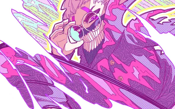 Vibrant 4K Ultra HD anime-style wallpaper featuring a dynamic, stylized character inspired by Dandadan and Ken Takakura with bold pink and purple tones.