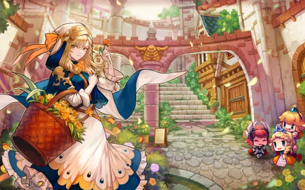 A vibrant HD image from the video game Guardian Tales, featuring a character with a basket in a colorful, enchanting setting with flowers and charming architecture.