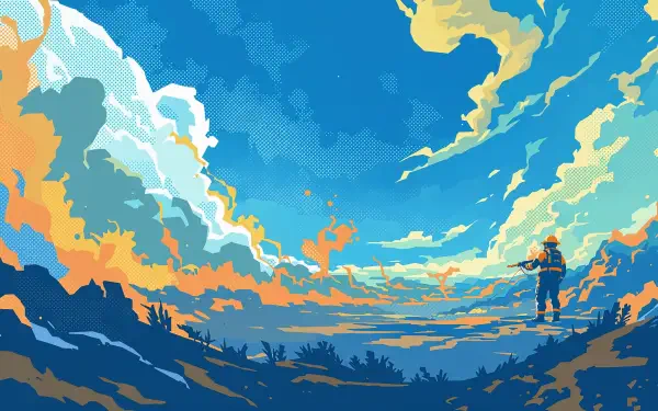 A vibrant 4K Ultra HD desktop wallpaper featuring a dramatic sky filled with colorful clouds and a lone figure standing amidst a serene landscape.