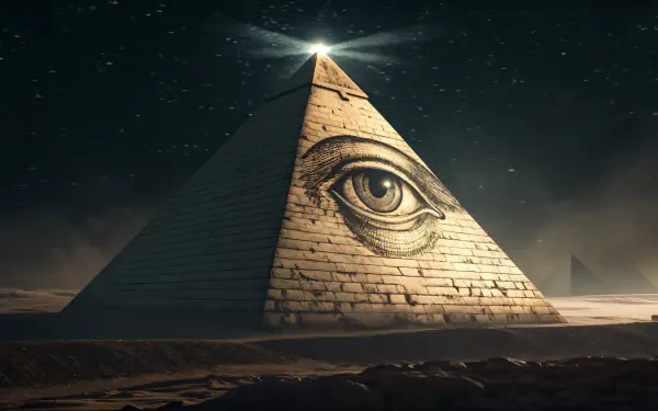 A stunning 4K Ultra HD wallpaper featuring a mysterious pyramid with an eye, emblematic of the Illuminati, illuminated under a starry sky. Perfect for a captivating desktop background.