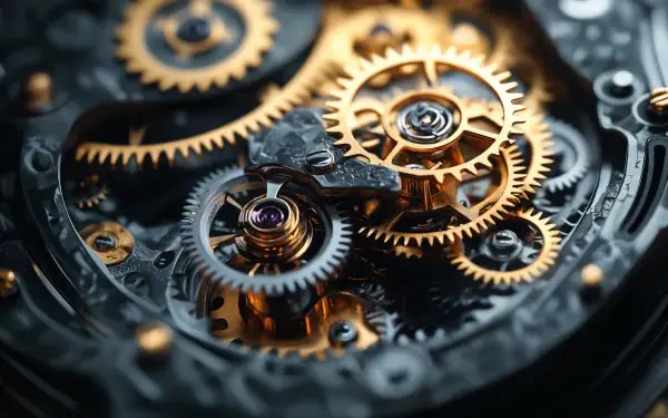 Close-up of an intricate clockwork mechanism featuring golden gears and a dark background, presented as a stunning 4K Ultra HD PC desktop wallpaper and background.