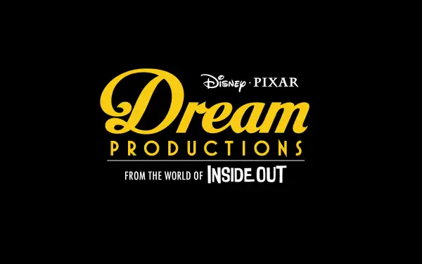 Logo of Dream Productions, featuring bold yellow text, from the world of Inside Out, set against a black background. High-definition PC desktop wallpaper for movie enthusiasts.