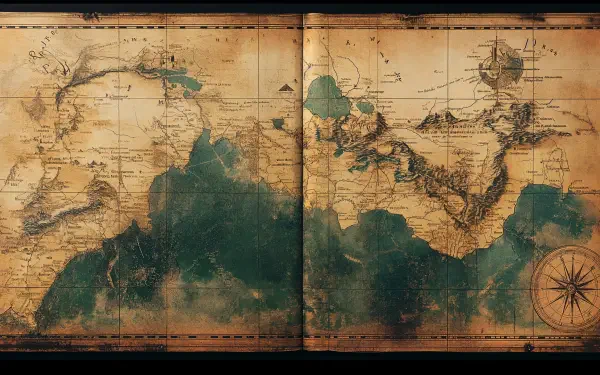 A detailed vintage map showcasing landforms and waterways, presented as a 4K Ultra HD PC desktop wallpaper and background for a classic and adventurous look.