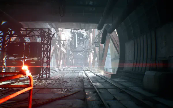 A stunning 4K Ultra HD desktop wallpaper from the video game Stellar Blade, featuring a dramatic, atmospheric environment with industrial structures and soft lighting.