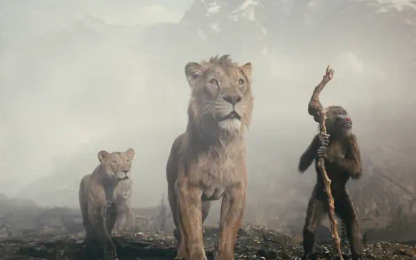 A scene from Mufasa: The Lion King, featuring a majestic lion, a young cub, and a figure with a staff in a misty landscape, set as a high-definition PC desktop wallpaper.