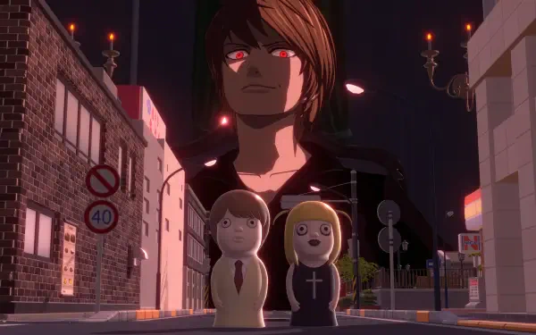 HD wallpaper featuring Light Yagami from the video game Death Note: Killer Within, set against a dark urban backdrop with stylized characters in the foreground.