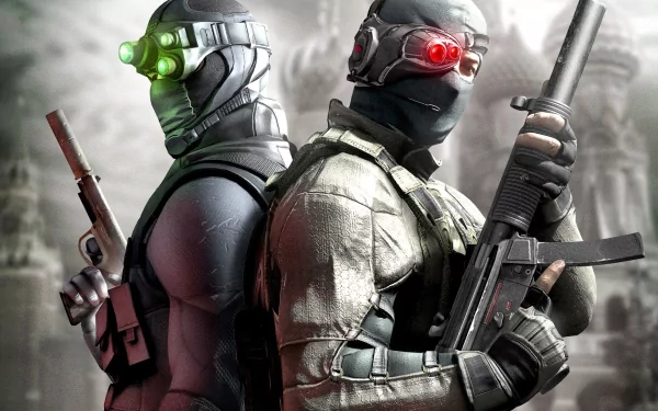 HD PC desktop wallpaper featuring two armed operatives from the video game Tom Clancy's Splinter Cell: Conviction, both wearing tactical gear and night-vision goggles.