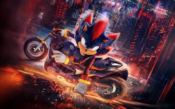 4K Ultra HD PC desktop wallpaper featuring Sonic the Hedgehog 3 riding a motorcycle through a neon-lit cityscape at night.