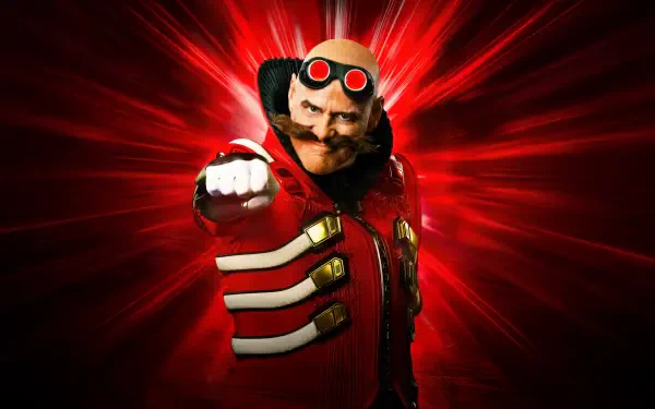 Dr. Robotnik from Sonic the Hedgehog 3, featured in a vibrant 8K Ultra HD PC desktop wallpaper with a dynamic red background.