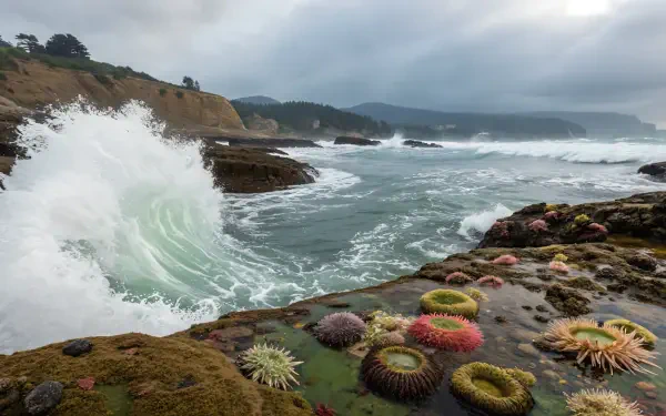 A vibrant tide pool scene features colorful sea anemones and starfish along the rocky shore, with waves crashing in the background under a dramatic sky, captured in stunning 4K Ultra HD.