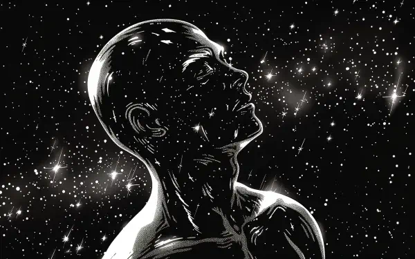 A striking artistic depiction of a man gazing upward, embodying humanity and the soul against a backdrop of stars, perfect for a 4K Ultra HD desktop wallpaper.