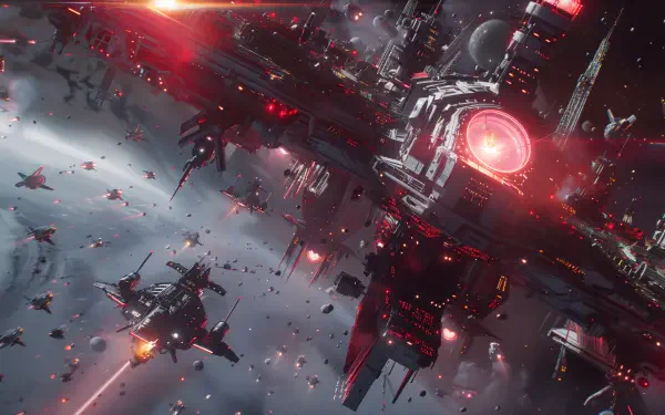 A dynamic spaceship battle unfolds in a vivid sci-fi scene, featuring dramatic visuals of ships and a colossal space station, rendered in stunning 4K Ultra HD quality.