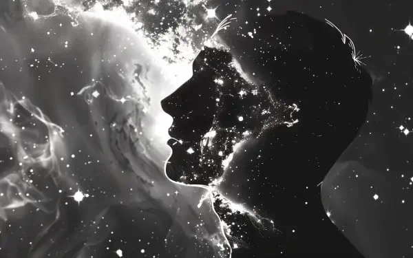 A striking 4K Ultra HD image depicting a silhouette of a man against a cosmic background, symbolizing the connection between humanity and the soul amidst a starry universe.