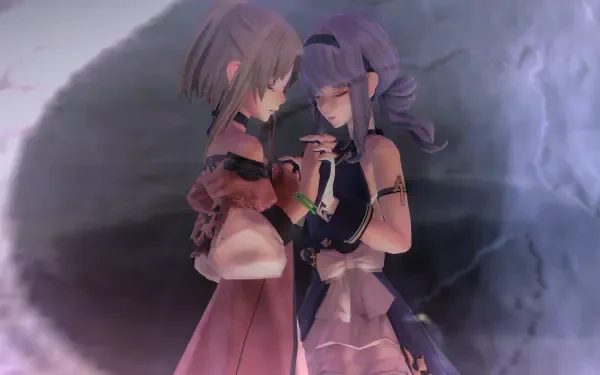 An enchanting scene from FANTASIAN Neo Dimension, featuring two characters in soft hues, captured in a 4K Ultra HD desktop wallpaper. A moment of connection and intimacy is highlighted.