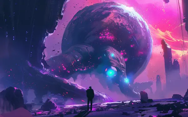 A vivid sci-fi scene featuring a majestic alien structure looming over a lone figure, set against a striking cosmic backdrop in this 4K Ultra HD desktop wallpaper.