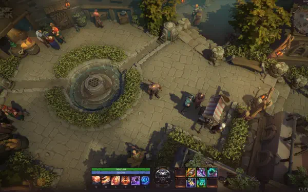 A vibrant 4K Ultra HD wallpaper featuring a scene from Corepunk, showcasing detailed surroundings with characters, a fountain, and market stalls, set in a futuristic world.