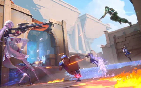 HD PC desktop wallpaper featuring dynamic characters from the video game Strinova in an intense, action-packed urban battle scene.