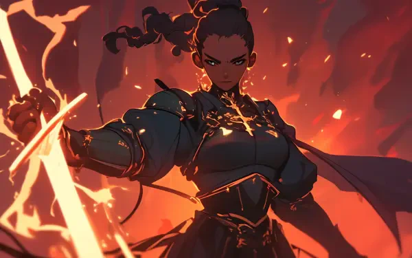 A powerful anime cleric stands confidently with a sword, surrounded by a fiery backdrop, showcasing bold colors and dynamic action in this HD desktop wallpaper.