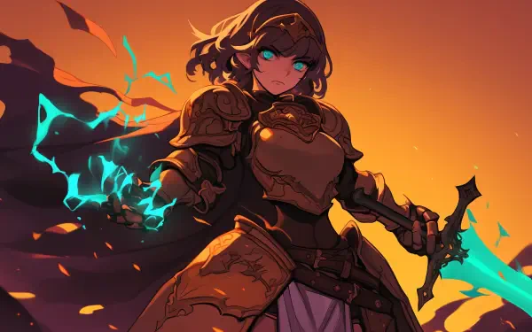 A fierce anime cleric knight wielding a glowing sword, surrounded by a dramatic orange background, creates a captivating HD wallpaper for desktop use.