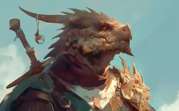 A fierce Dragonborn warrior stands against a bright sky, showcasing detailed armor and a sword, embodying the spirit of RPG fantasy in this stunning HD desktop wallpaper.
