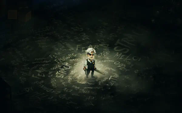 A character stands alone in a shadowy environment surrounded by swirling words, capturing the eerie atmosphere of the video game Enigma of Fear. HD PC desktop wallpaper.