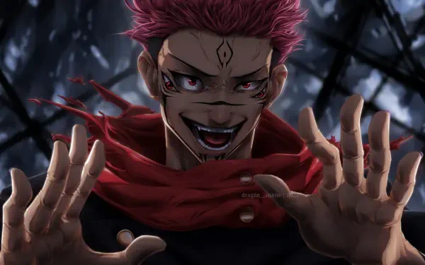 HD PC desktop wallpaper featuring Sukuna from Jujutsu Kaisen with a menacing expression and dark, intense background.