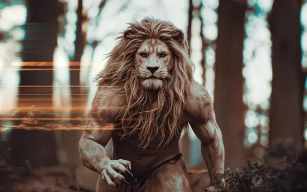 A powerful Ifrit, depicted as a muscular lion with a majestic mane, strides confidently through a forest in this stunning 4K Ultra HD desktop wallpaper.