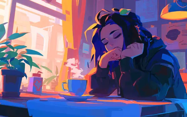 A tired woman relaxes in a cozy café, resting her head on her hands beside a steaming cup of coffee. The colorful lofi aesthetic creates a warm, inviting atmosphere.