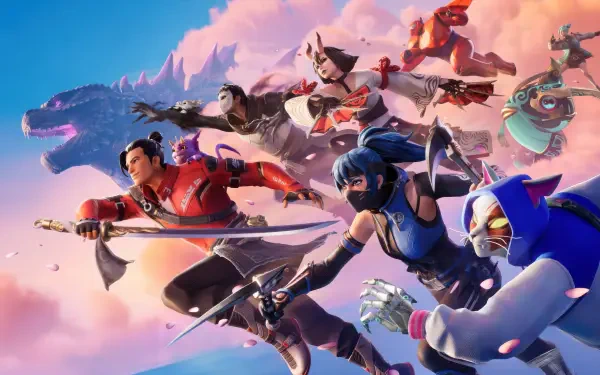 Fortnite Battle Royale characters in dynamic action poses soar through a vibrant sky, captured in a vivid 4K Ultra HD PC desktop wallpaper.