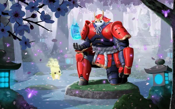 HD PC desktop wallpaper featuring Baymax from Fortnite in a serene, mystical garden with cherry blossoms and glowing lanterns.