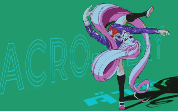 HD PC desktop wallpaper featuring Aira Shiratori from the anime Dandadan, captured mid-acrobatic kick against a green background with stylized text.