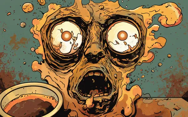 An artistic 4K Ultra HD wallpaper featuring a surreal face merging with colorful liquid shapes, accompanied by a coffee cup, creating a striking visual experience.