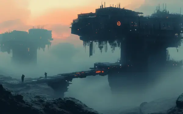 A haunting dystopian landscape featuring towering structures amid a misty setting, captured in stunning 4K Ultra HD, ideal for a dramatic PC desktop wallpaper.