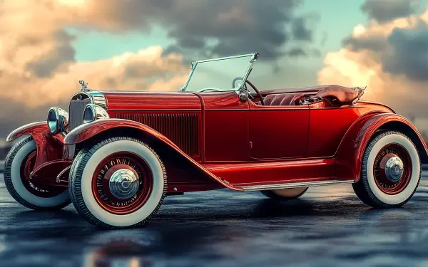 A stunning vintage car with a glossy red finish and whitewall tires, set against a dramatic sky, captured in 4K Ultra HD, perfect as a desktop wallpaper and background.
