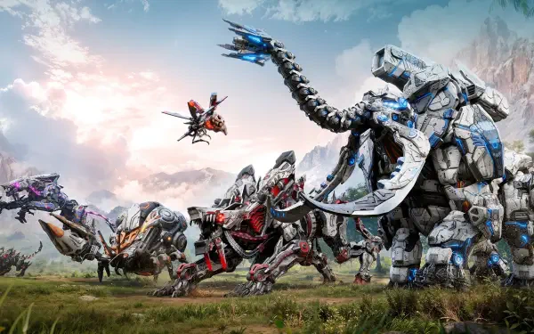A vibrant HD wallpaper from the video game Light of Motiram, featuring formidable mechs in a breathtaking landscape, showcasing a blend of technology and nature.