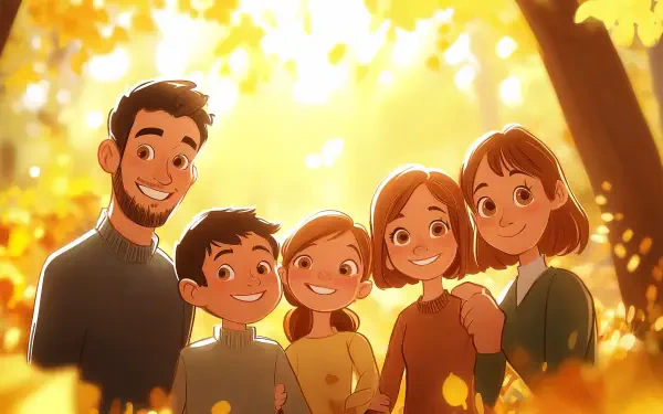 A happy family stands together in a sunlit outdoor setting, surrounded by colorful autumn leaves. This vibrant image serves as a cheerful 4K Ultra HD desktop wallpaper.